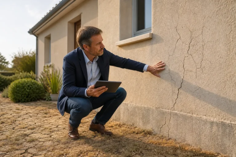 Expert en bâtiment examinant la façade fissurée d'une maison après l'été 2026