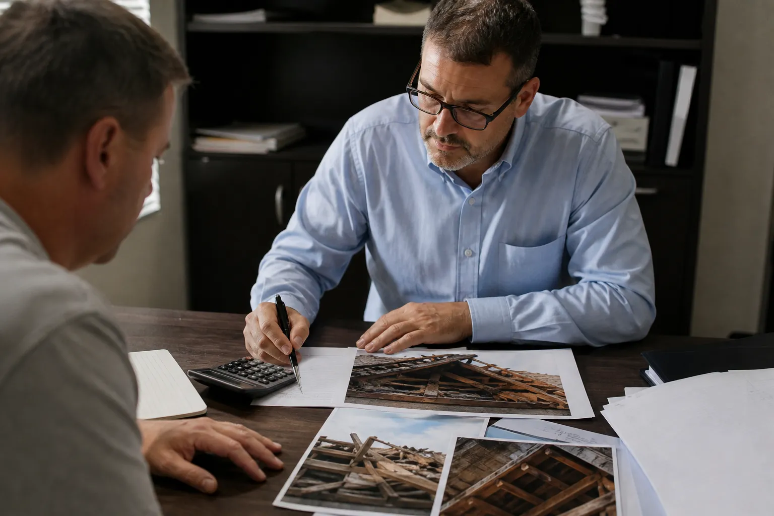 Expert chiffrant des travaux de reprise avec un devis et une calculatrice