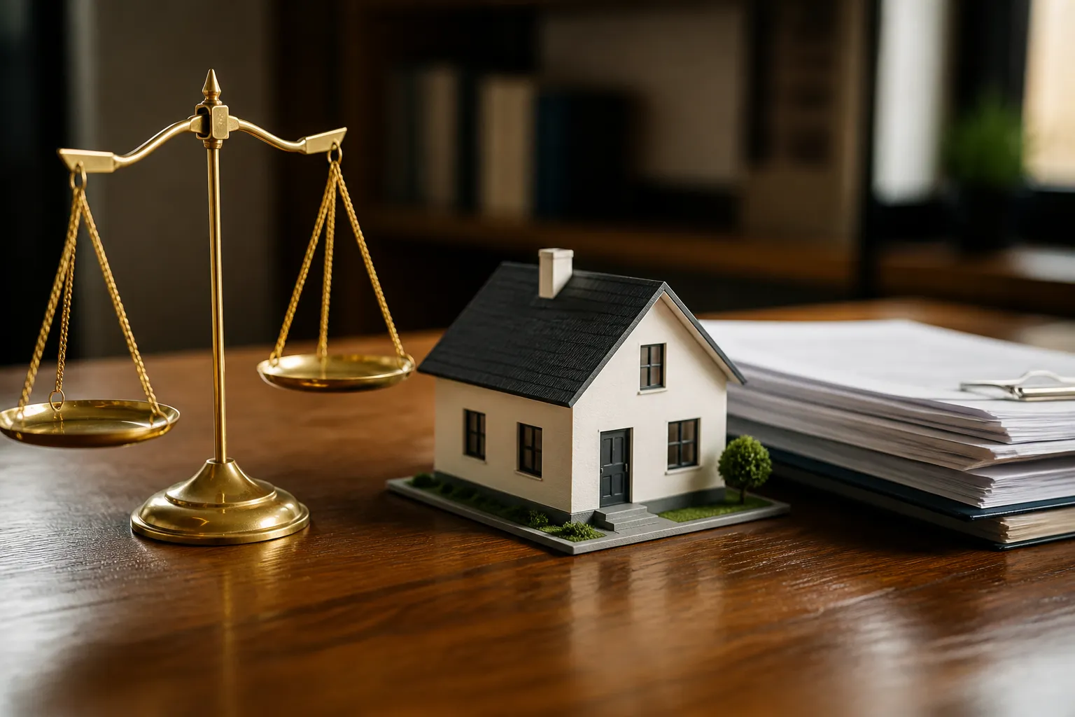 Balance de la justice devant une maquette de maison et des documents