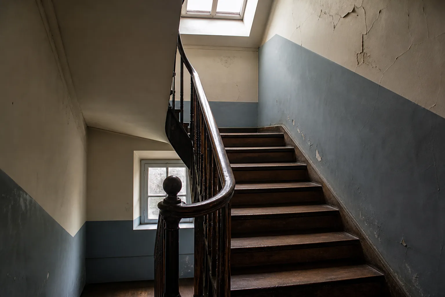 Cage d'escalier d'un immeuble ancien avec fissures
