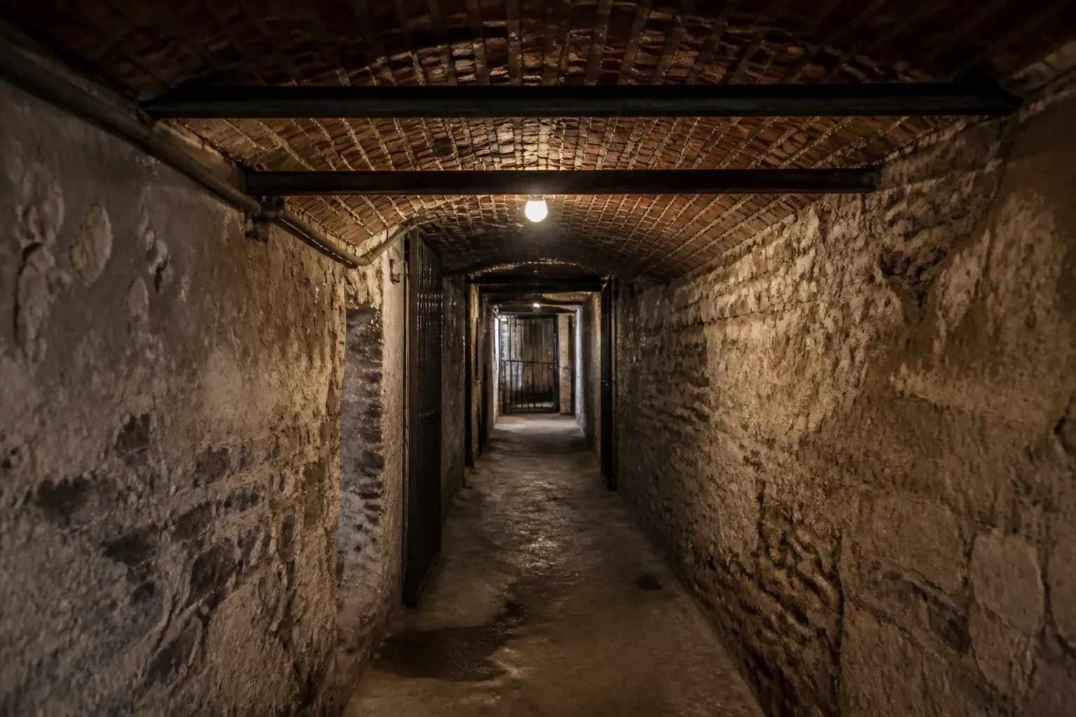 Caves d'un immeuble ancien avec poutrelles métalliques