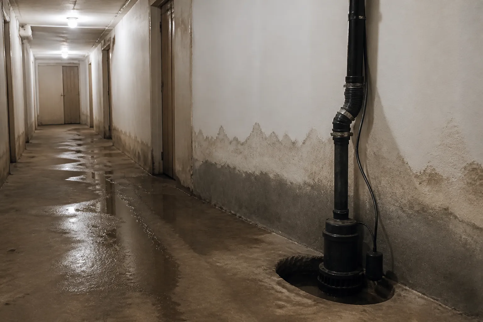 Cave d'immeuble avec traces d'inondation