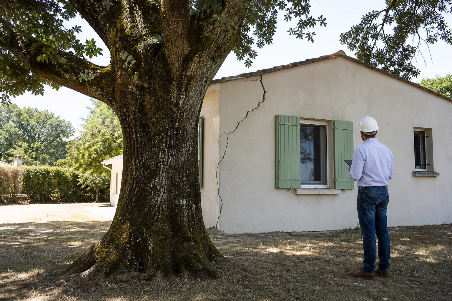 Grand chêne à quelques mètres d'une maison individuelle avec façade fissurée