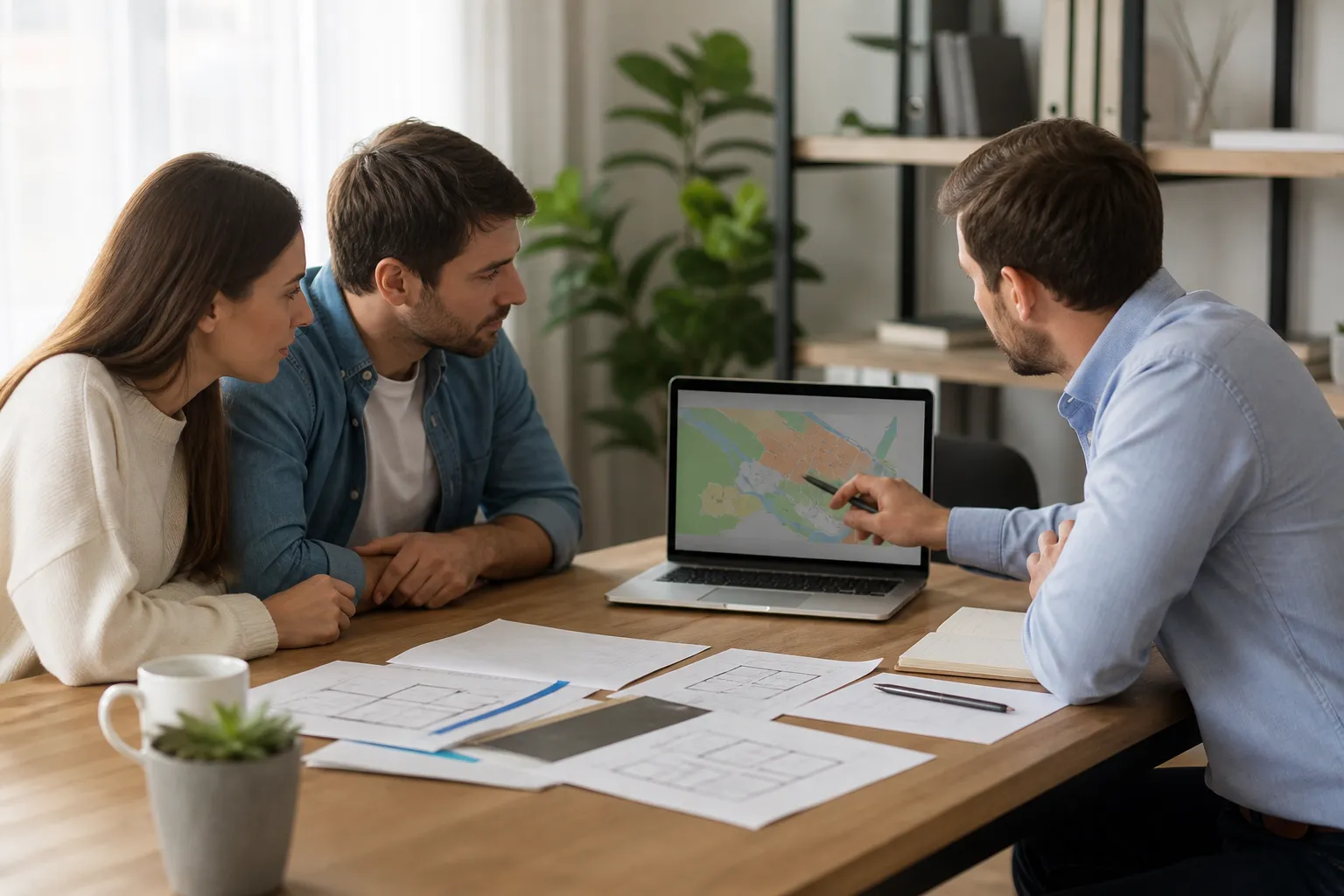Acheteurs consultant les risques d'une commune sur ordinateur avec un expert