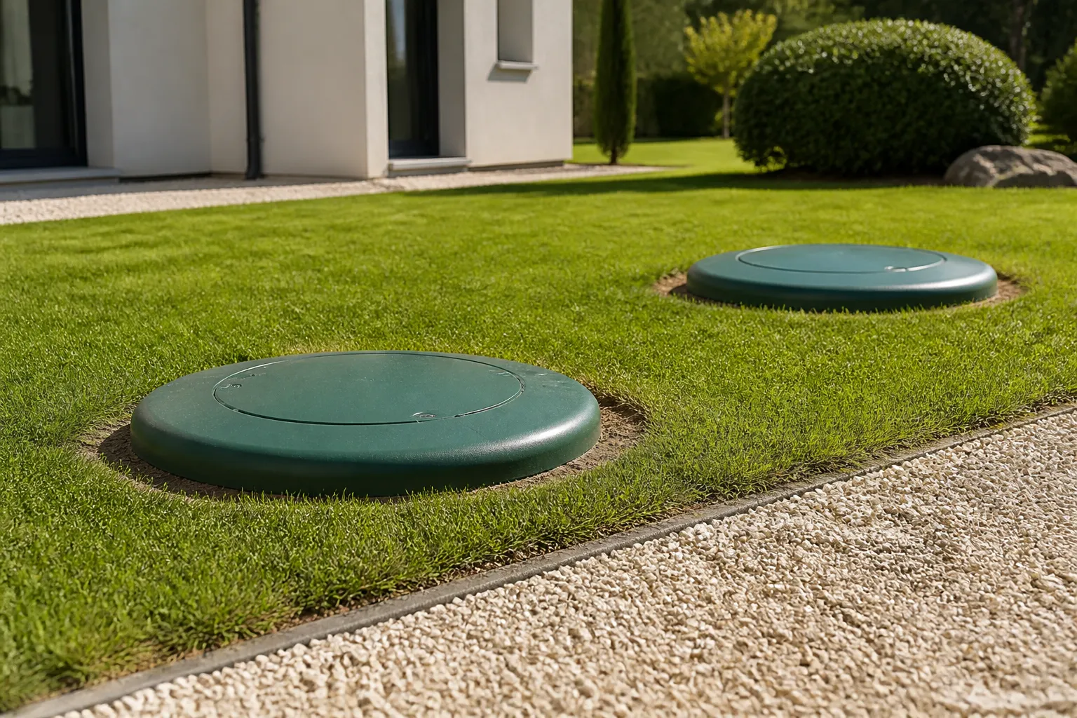 Couvercles d'une microstation d'épuration enterrée dans un jardin