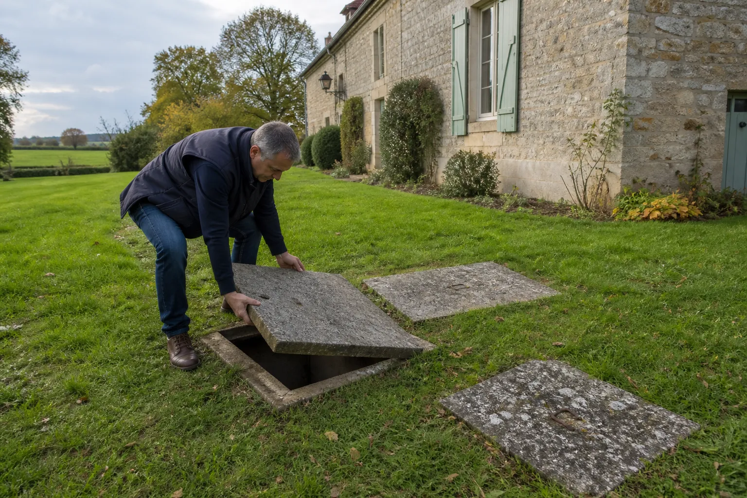 Regards d'une installation d'assainissement individuel dans le jardin d'une maison