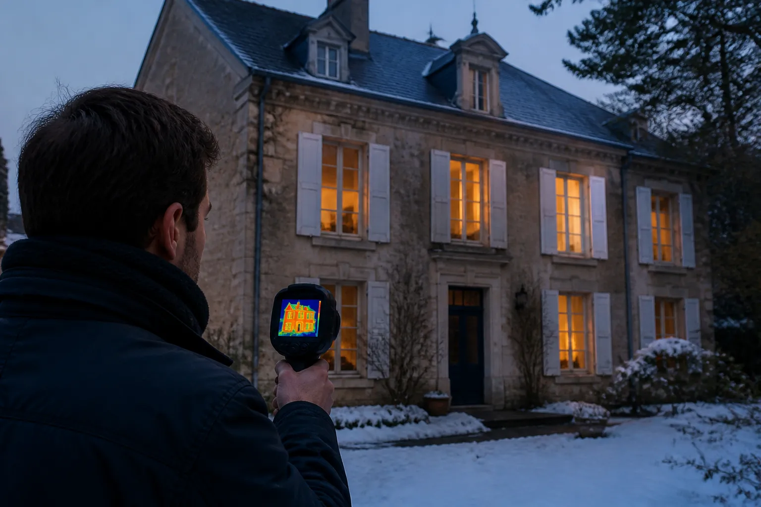 Maison ancienne mal isolée examinée par un auditeur avec une caméra thermique