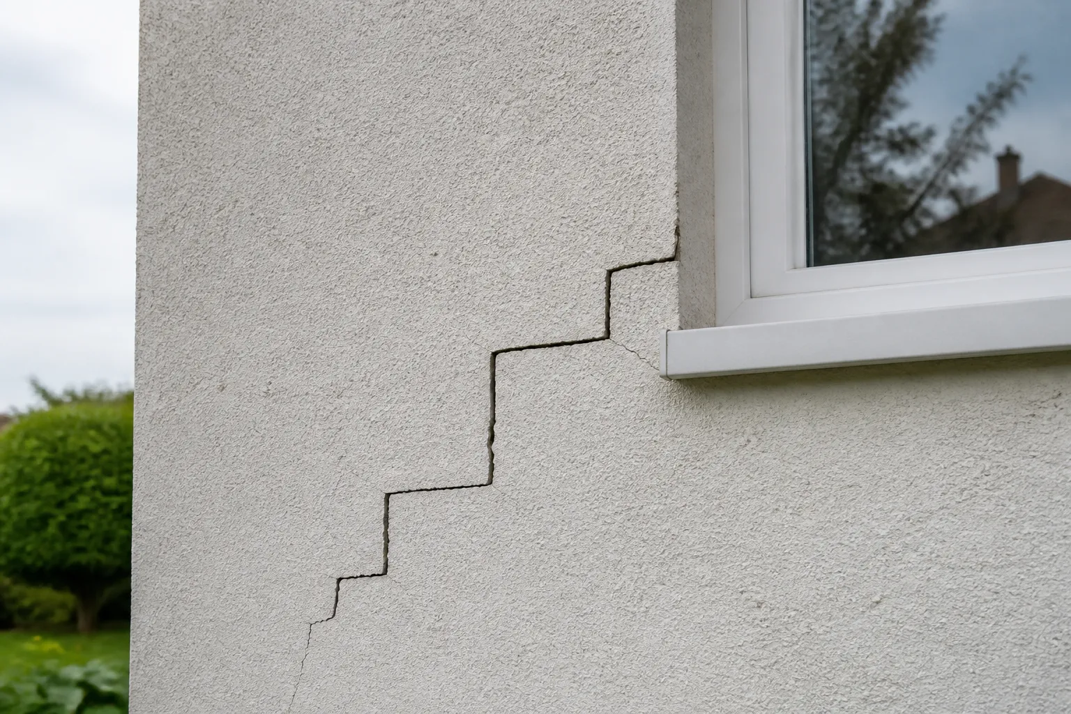 Fissure en escalier dans les joints d'un mur de maison, signal d'alerte avant achat