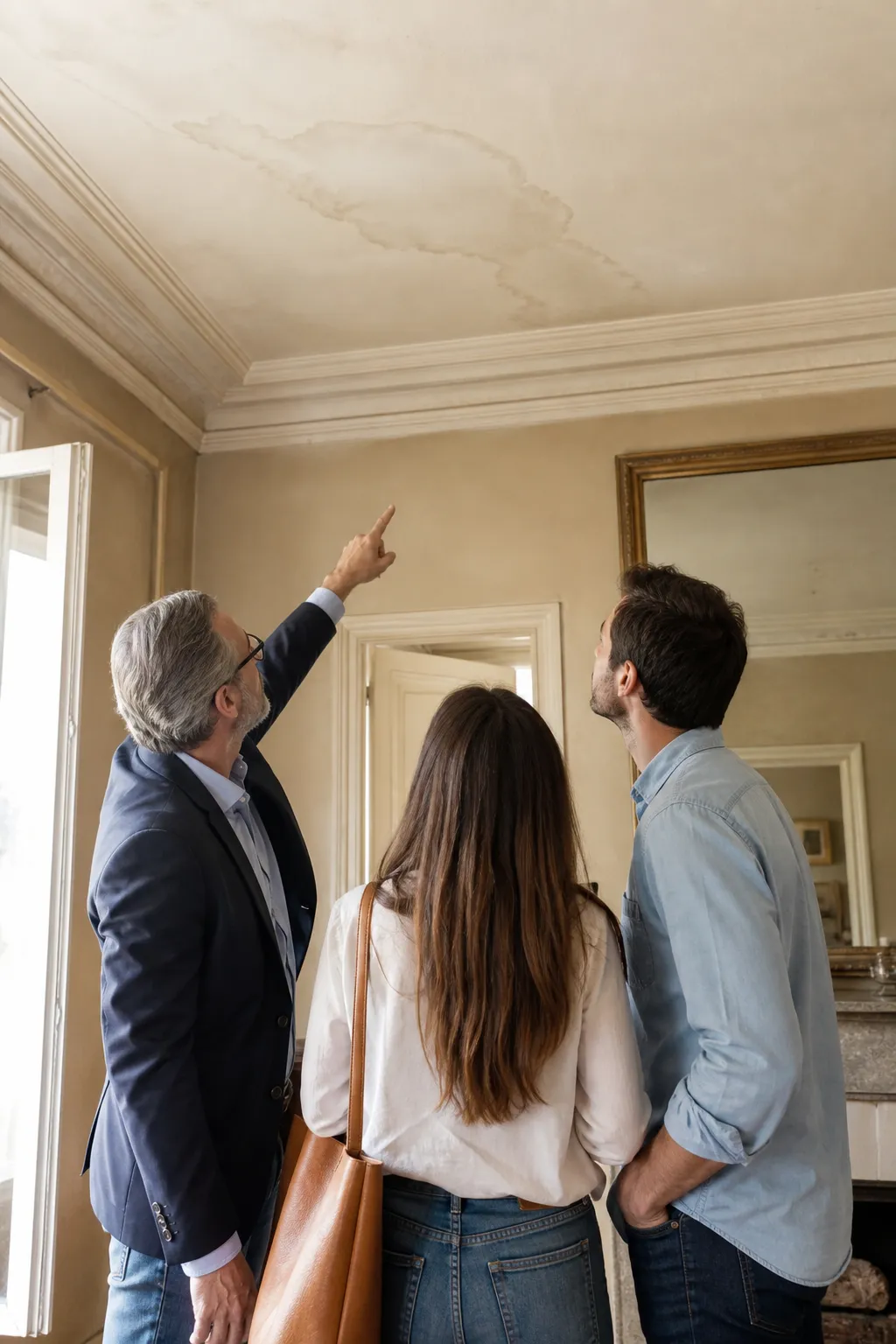 Couple visitant une maison ancienne avec un expert en bâtiment qui montre une trace au plafond
