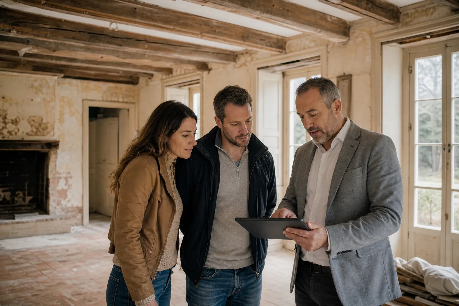 Acheteurs et expert établissant un budget travaux dans une maison ancienne