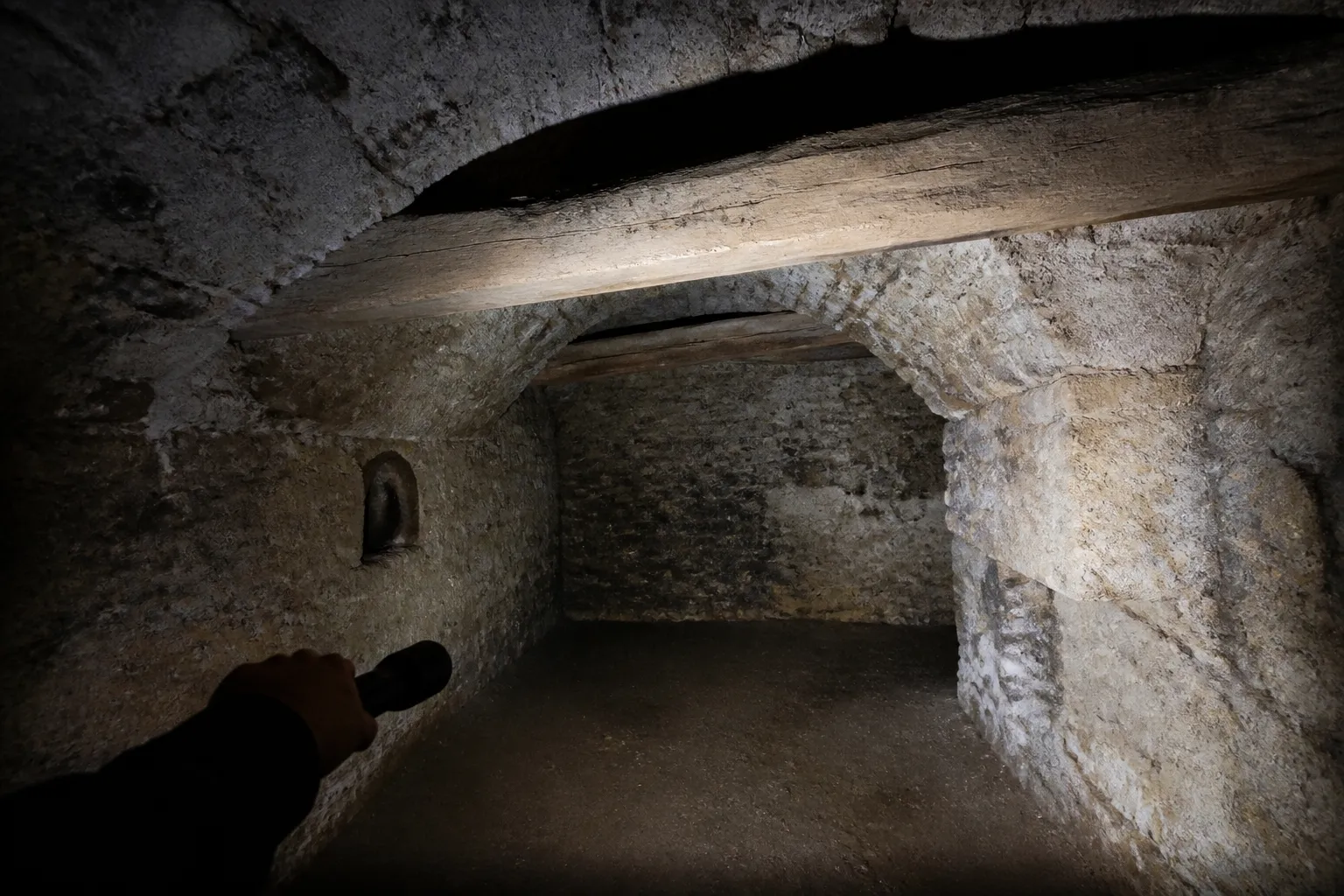 Cave voûtée d'une maison ancienne inspectée à la lampe