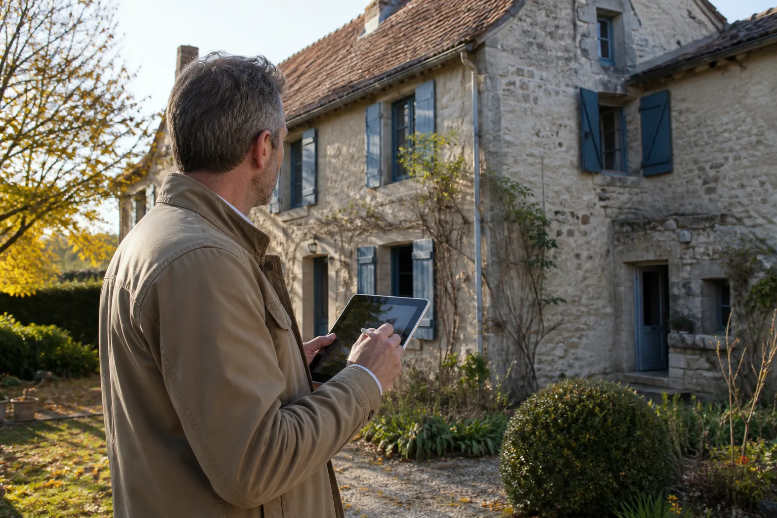 Expert en bâtiment avec une tablette devant une maison ancienne en pierre