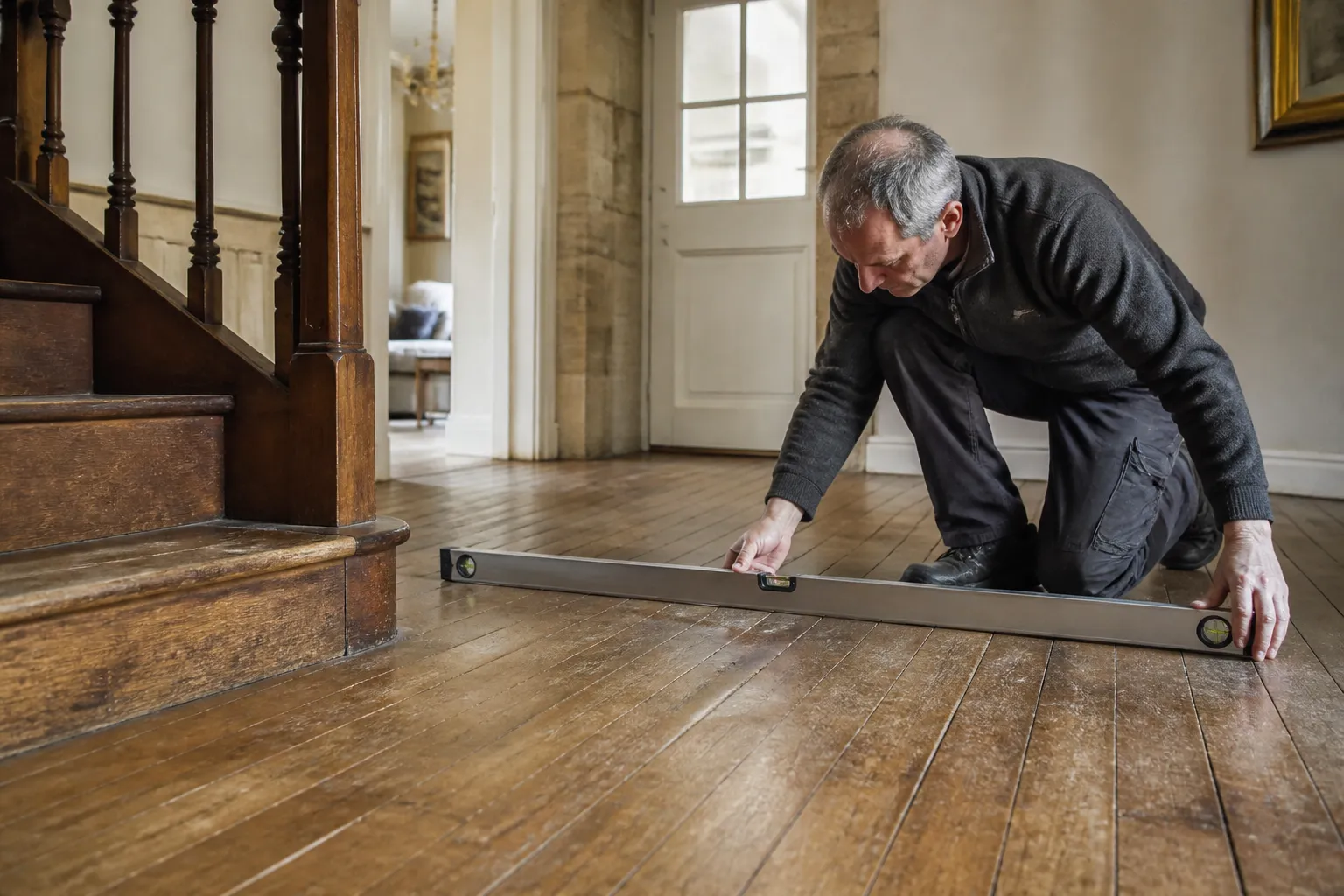 Plancher bois ancien et escalier dans une maison de caractère