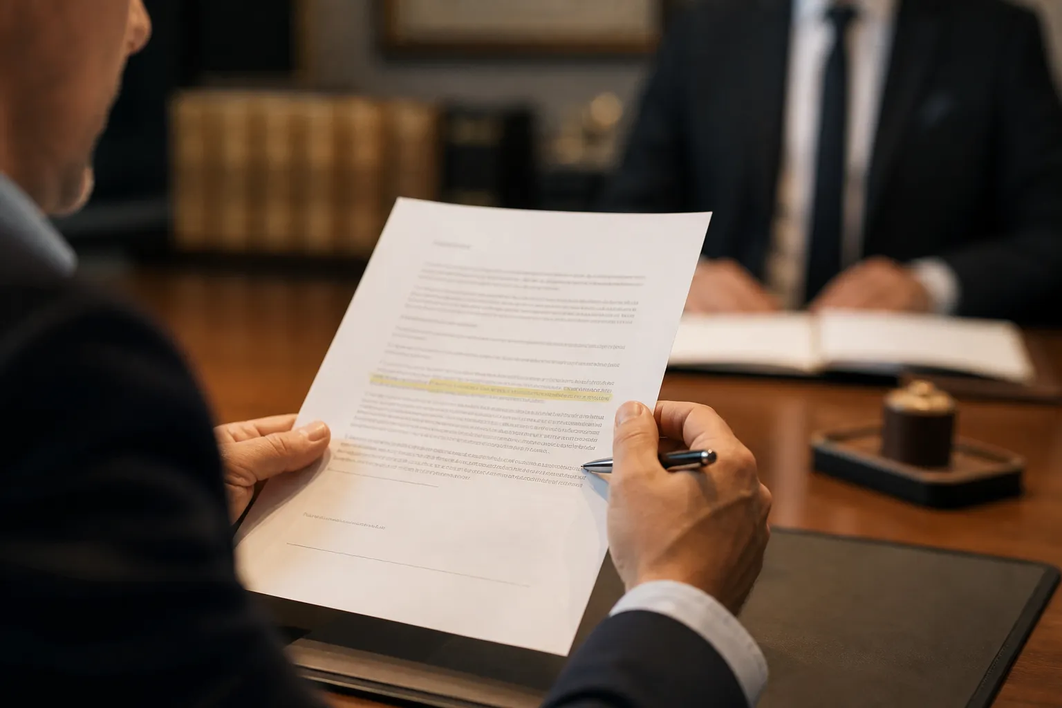 Acheteur lisant une clause d'un compromis de vente avec attention