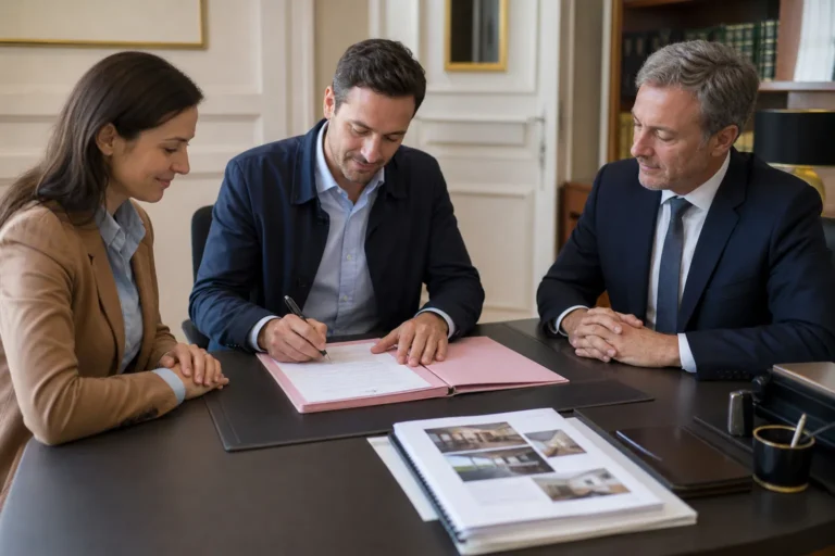 Signature d'un compromis de vente chez le notaire avec un rapport d'expertise