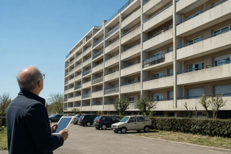 Résidence des années 1970 en béton avec balcons