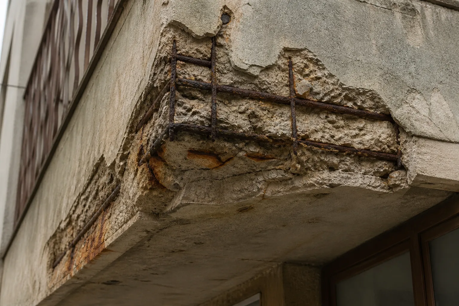 Béton éclaté avec armature rouillée sur un nez de balcon