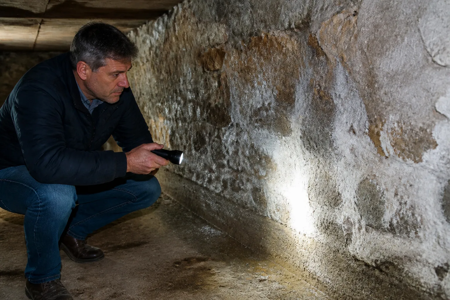 Expert en bâtiment inspectant une cave humide