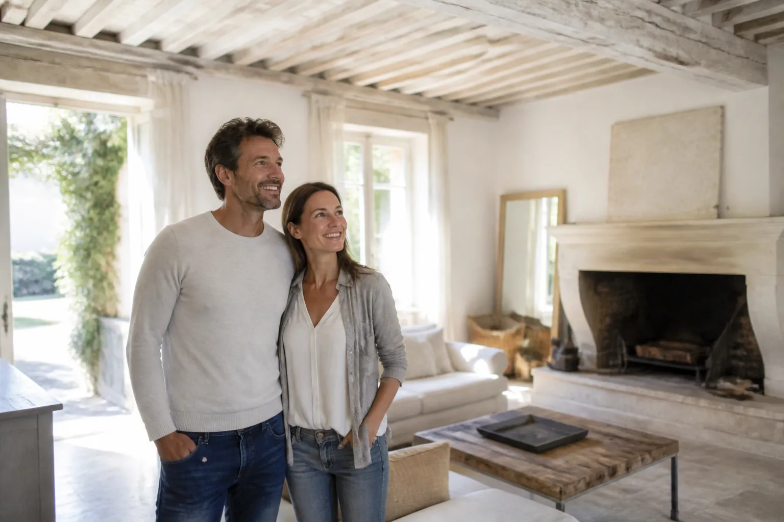 Couple émerveillé dans le séjour lumineux d'une maison ancienne