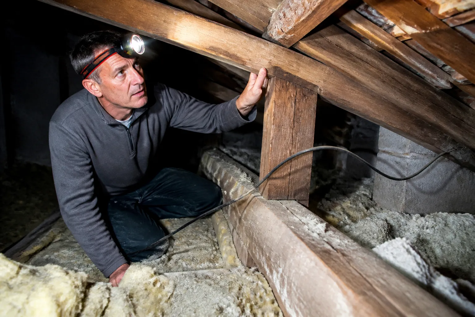 Expert inspectant une charpente dans des combles