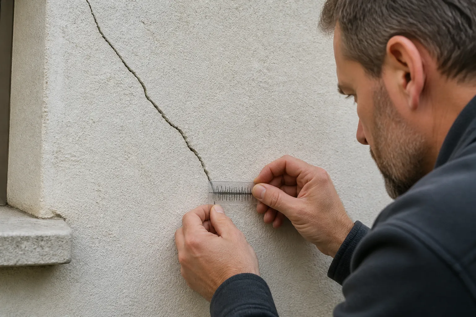 Expert mesurant une fissure avec un fissuromètre