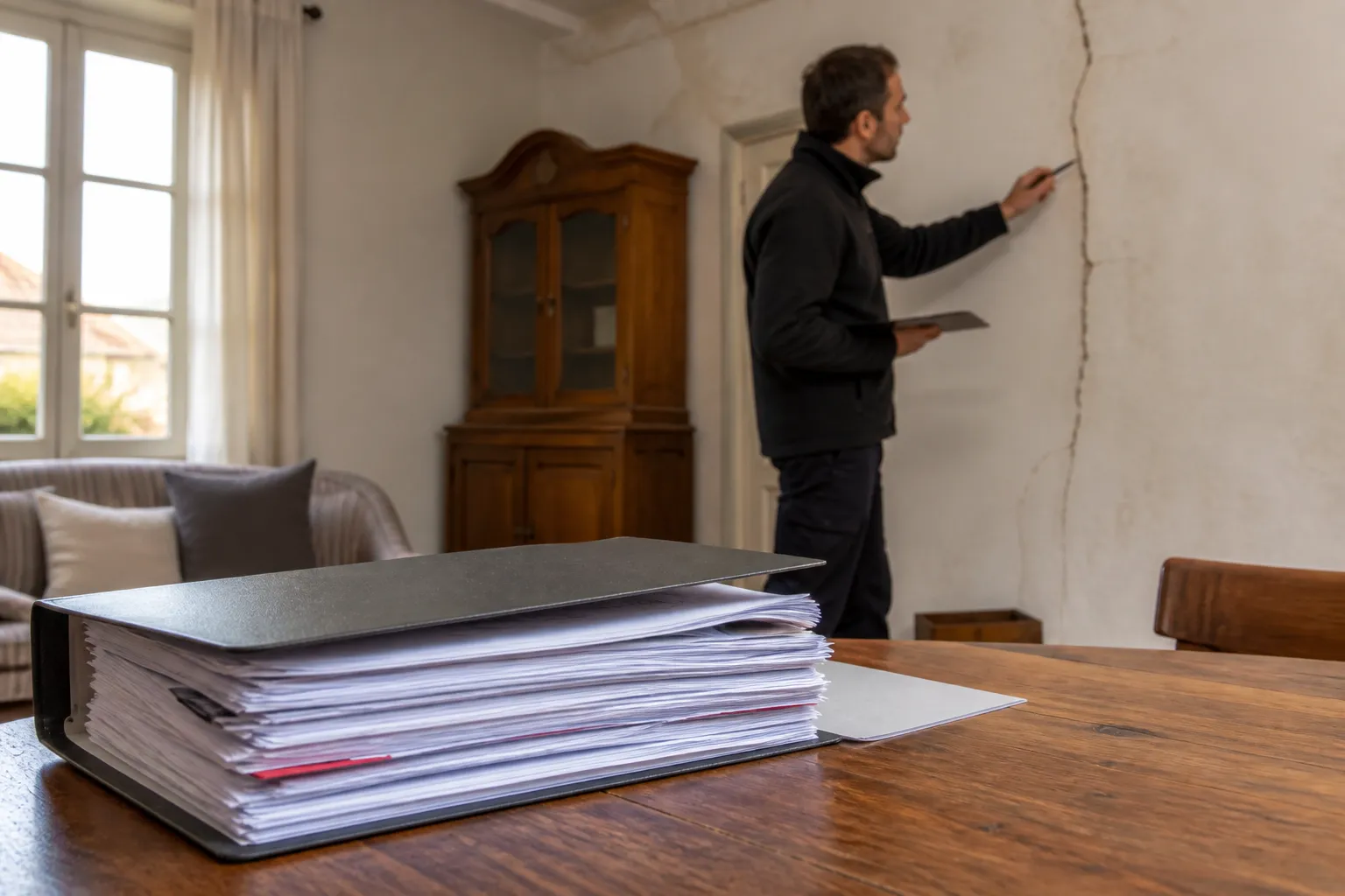 Dossier de diagnostics immobiliers et expert en bâtiment examinant une fissure
