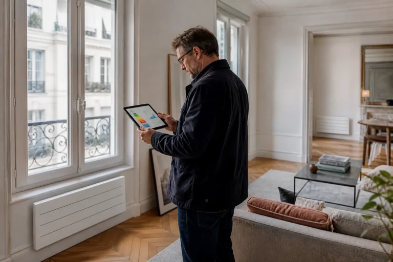 Logement chauffé à l'électricité avec radiateurs et étiquette énergie