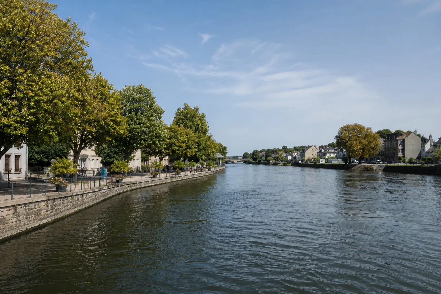Rivière en ville bordée de quais et d’arbres