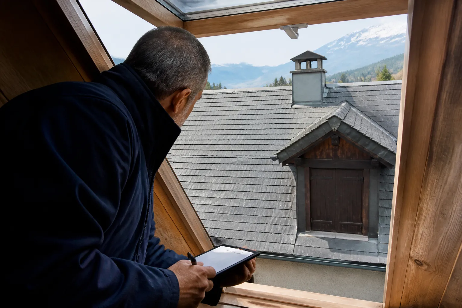 Expert observant une toiture depuis une fenêtre de mansarde