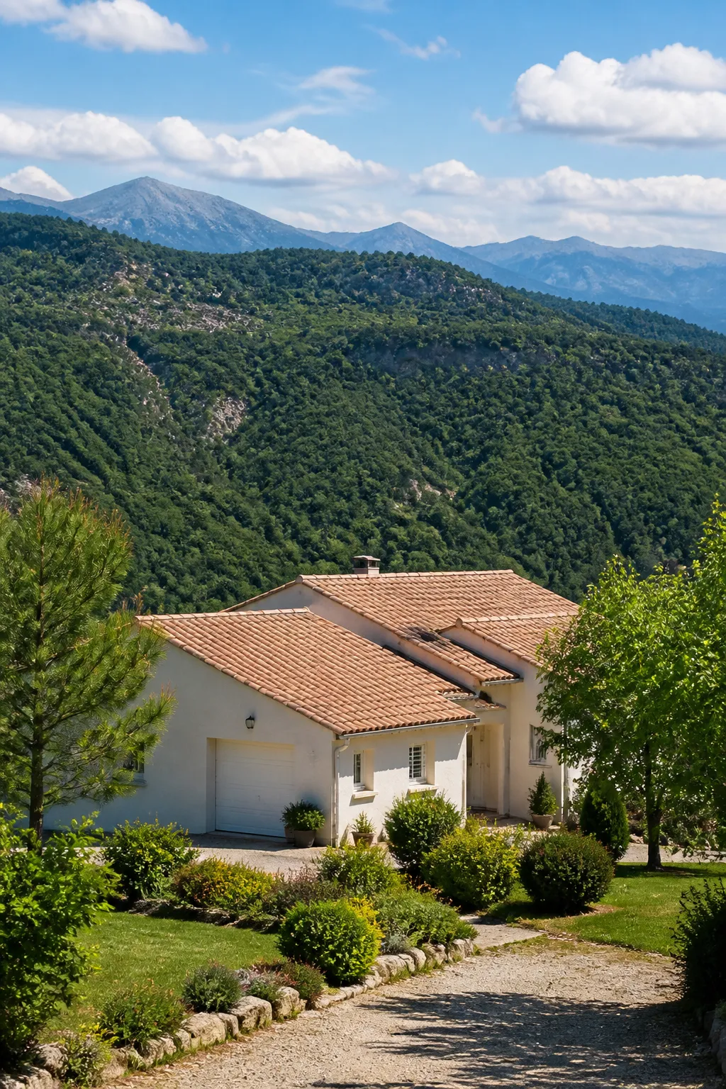 Maison individuelle enduite avec jardin au pied de collines boisées dans les Alpes du Sud