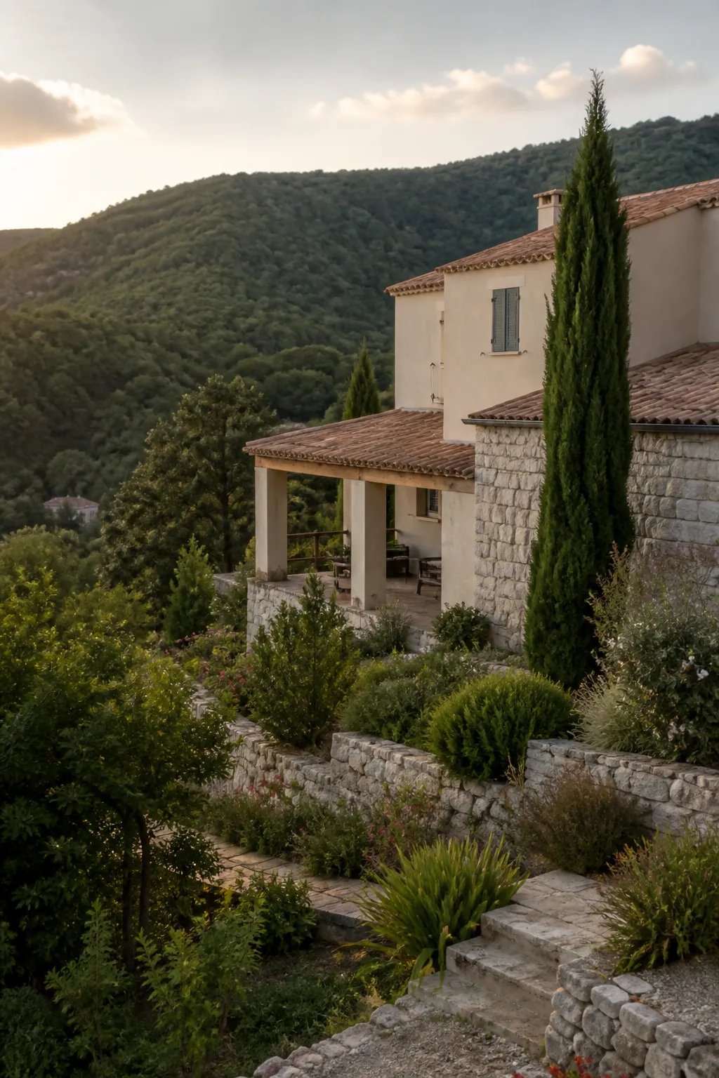 Maison individuelle en pierre et enduit avec jardin sur un coteau