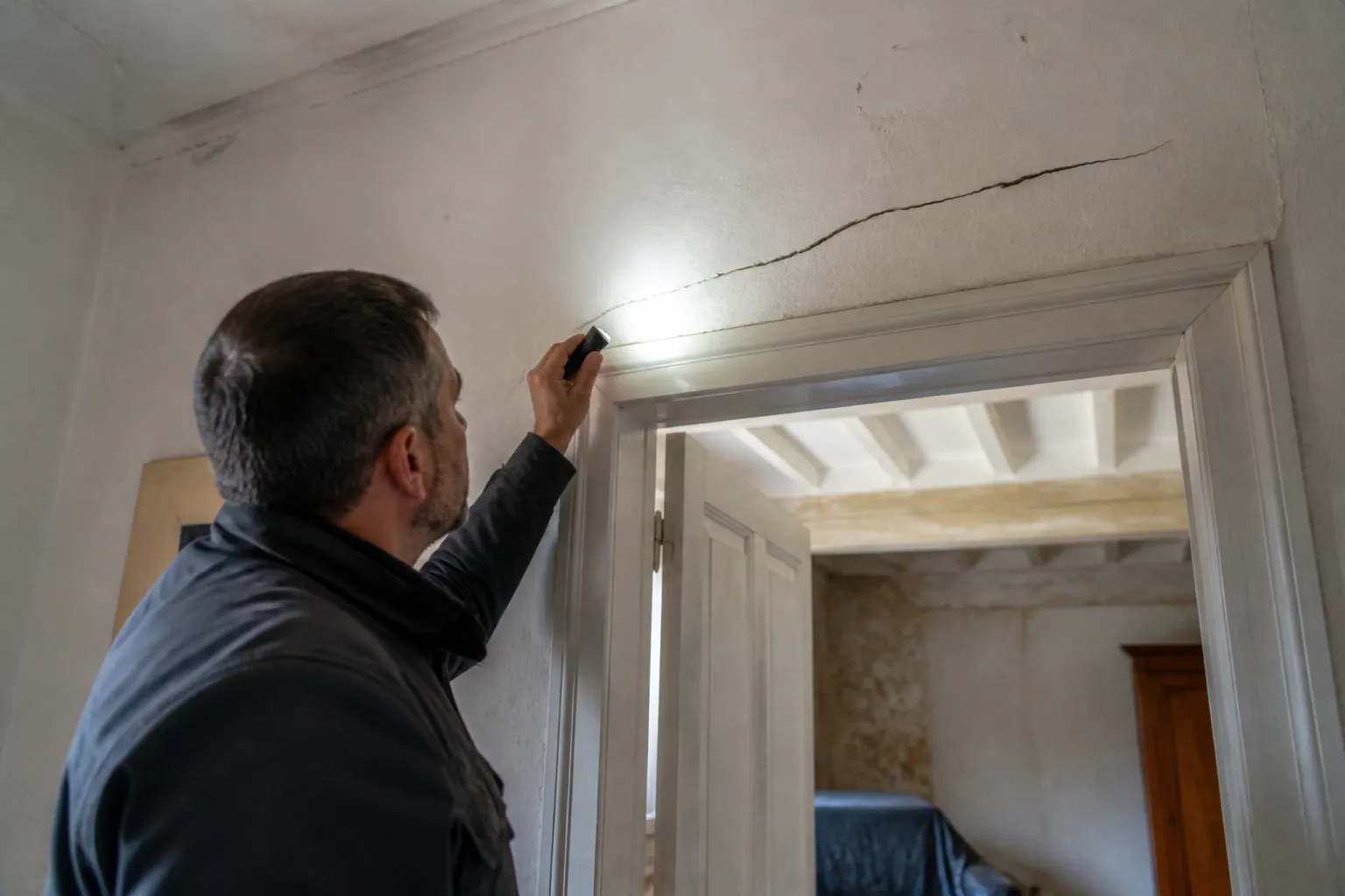 Expert en bâtiment observant une fissure intérieure près d’une porte