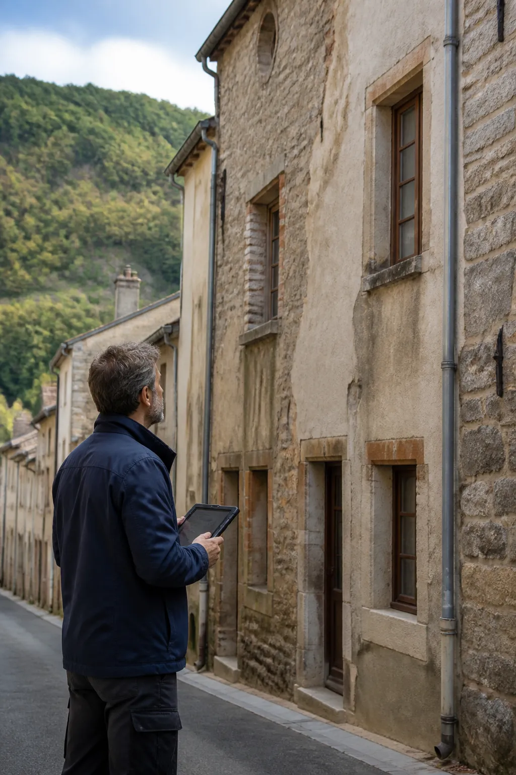 Expert en bâtiment devant une maison de ville ancienne en pierre