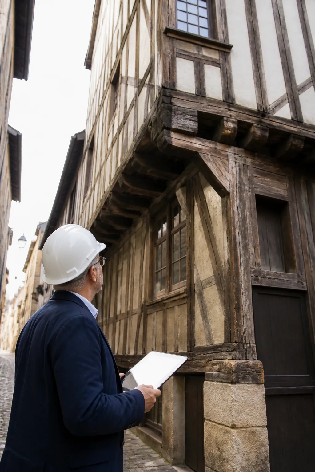 Expert en bâtiment observant une façade à pans de bois