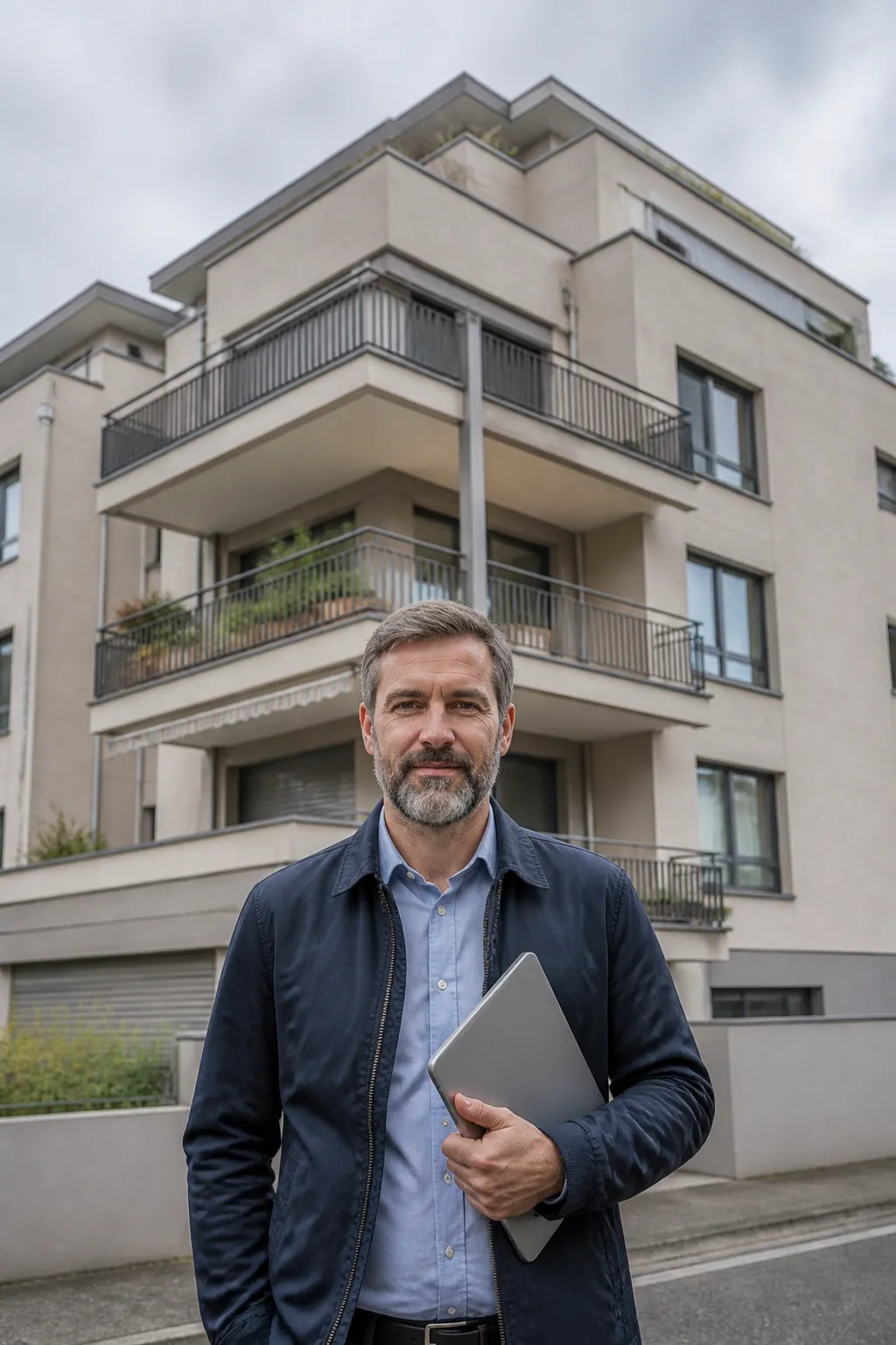 Expert en bâtiment devant une résidence contemporaine avant un achat