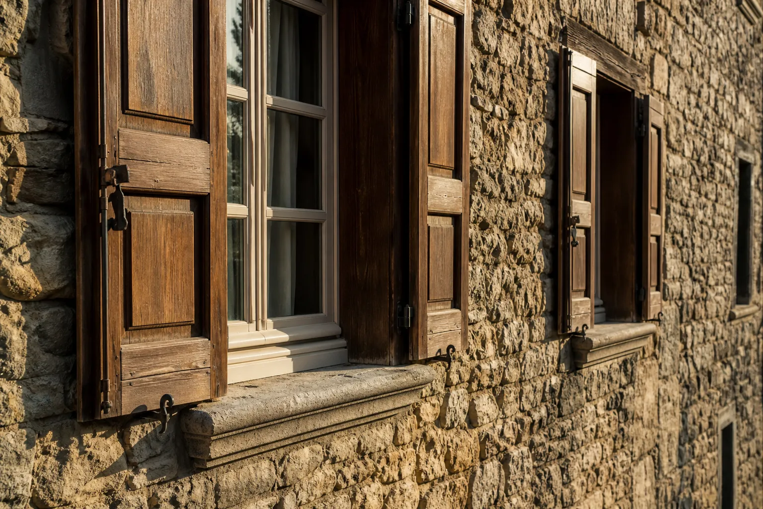 Façade ancienne en pierre avec fenêtres en bois dans un centre protégé