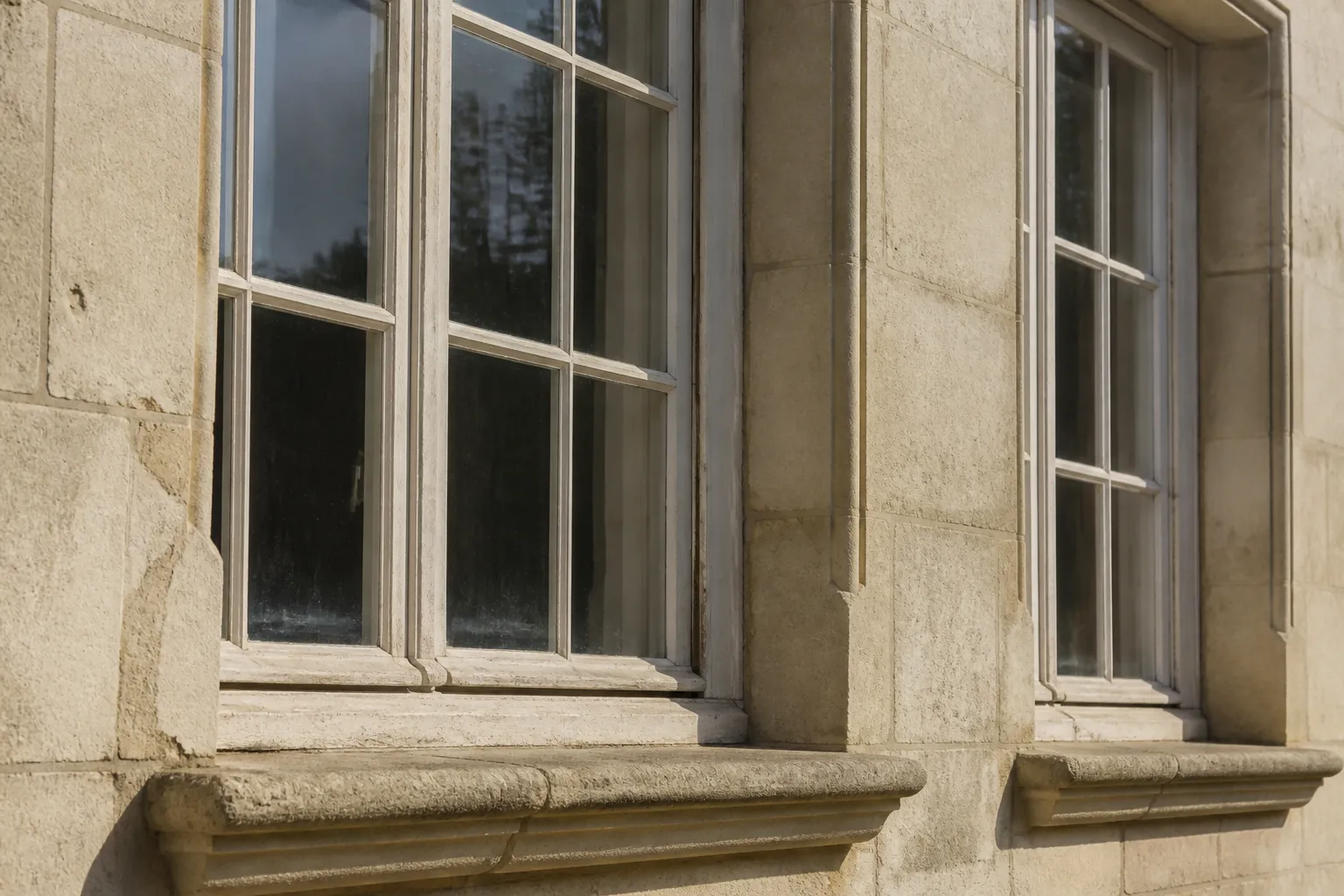 Fenêtres anciennes en bois sur une façade en pierre calcaire