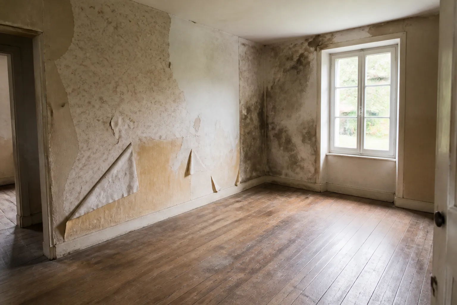 Pièce d’une maison inoccupée avec traces d’humidité sur les murs