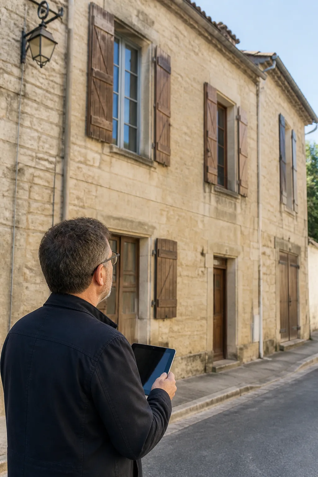 Expert en bâtiment devant une maison de ville ancienne en pierre