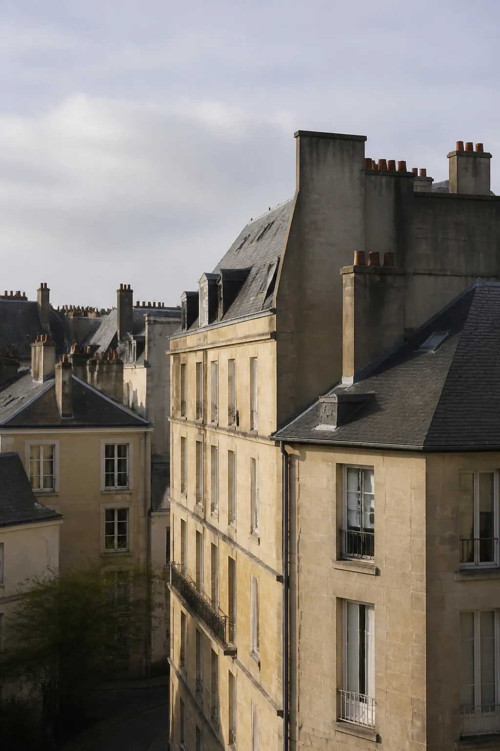 Immeubles d’après-guerre en pierre claire dans un centre-ville normand