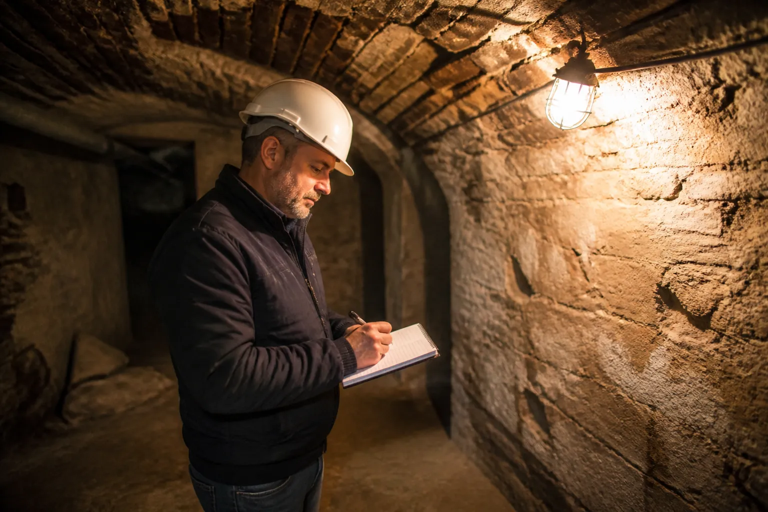 Expert notant ses observations dans une cave