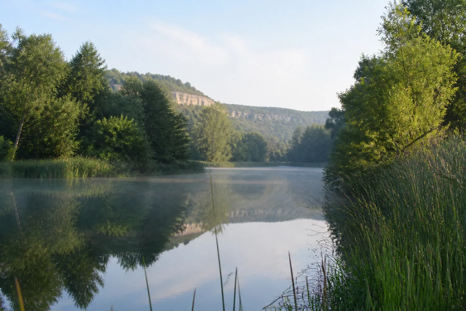 Plan d’eau calme bordé d’arbres dans une vallée