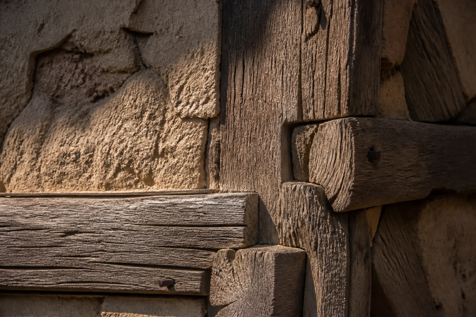 Détail d’un assemblage de pans de bois et de son remplissage