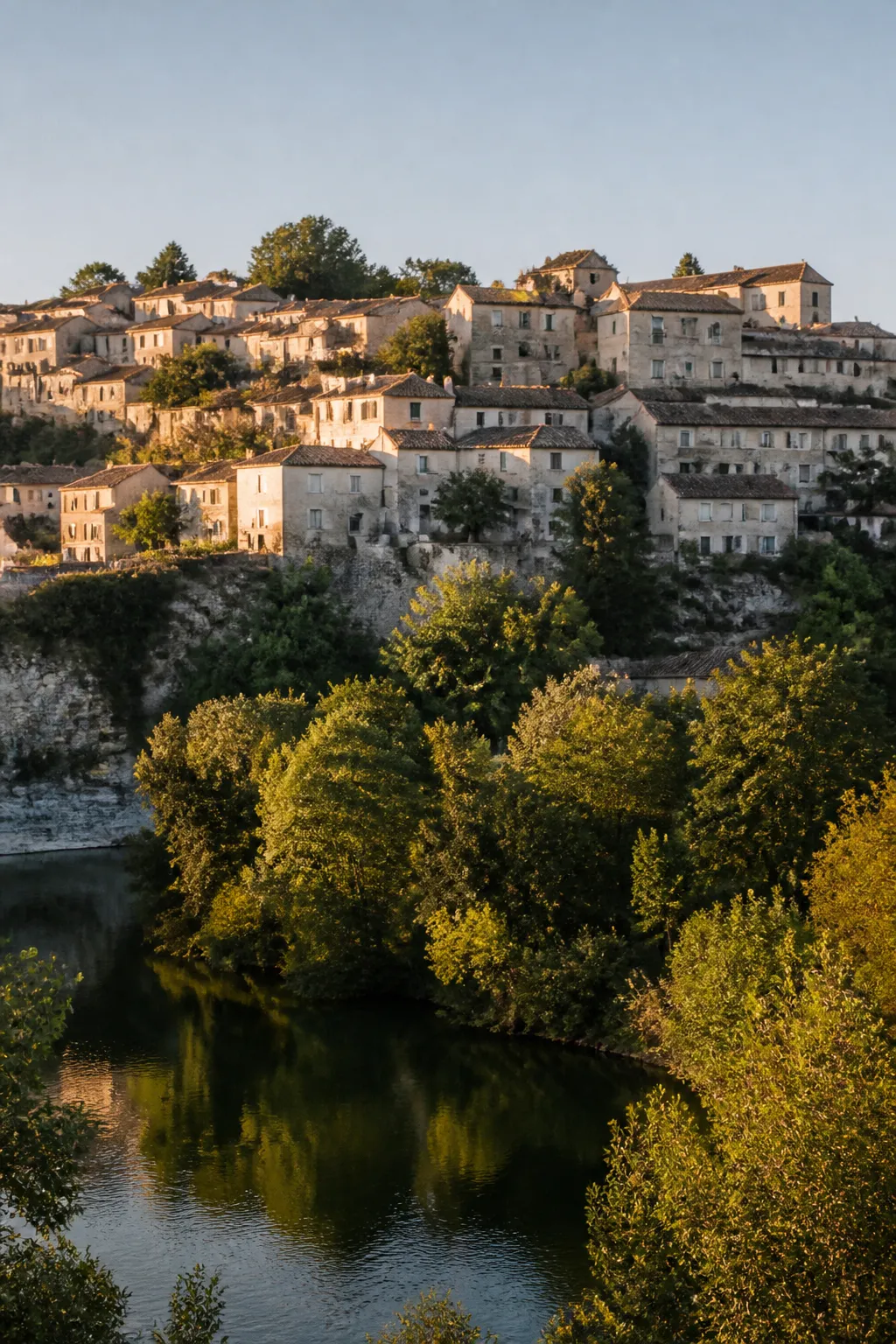 Maisons en pierre calcaire sur une colline au-dessus d’une rivière