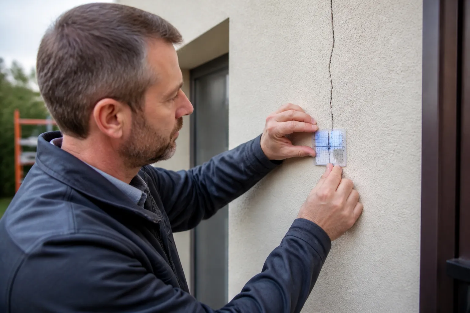 Expert mesurant une fissure avec une jauge