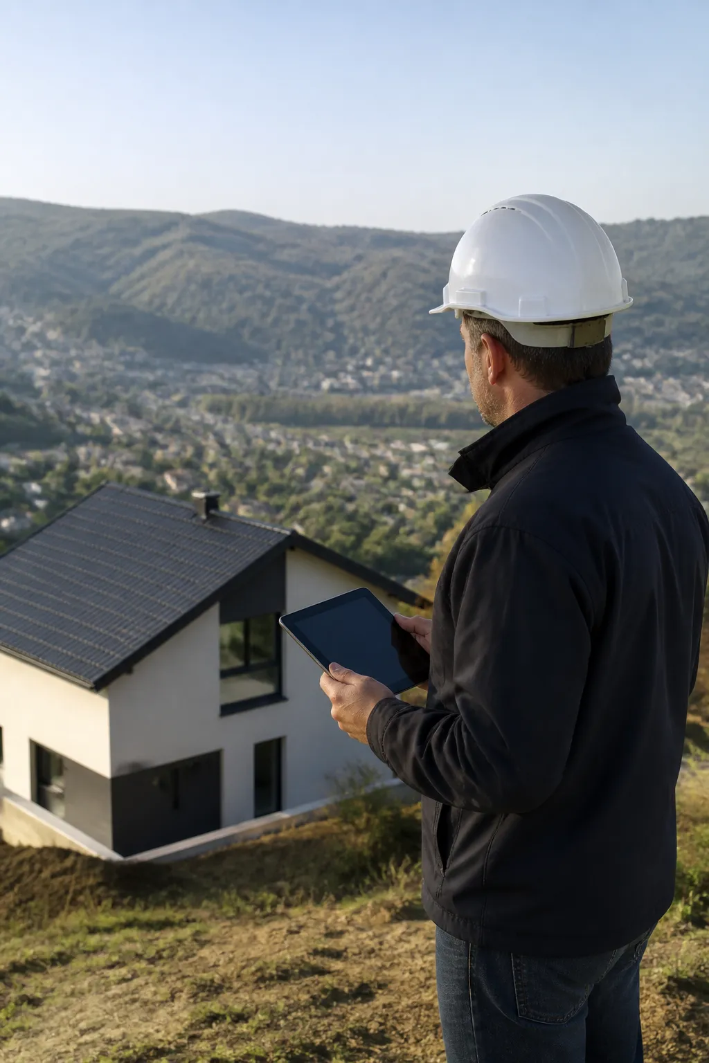 Expert en bâtiment devant une maison sur les hauteurs d’une vallée