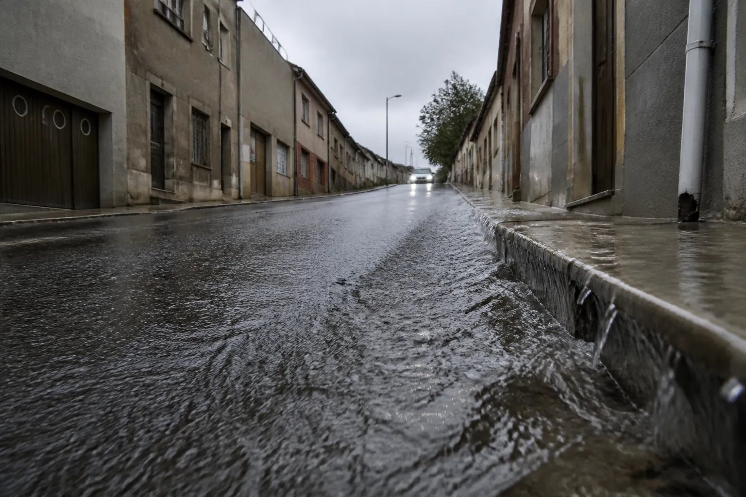 Eau de ruissellement dans une rue en pente