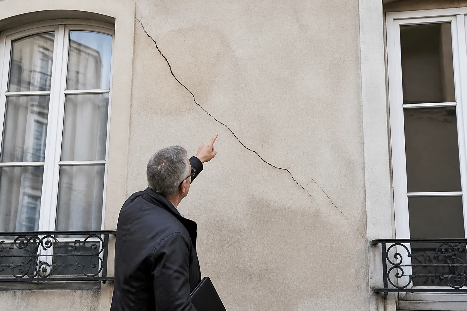 Fissure oblique sur la façade d’un immeuble ancien