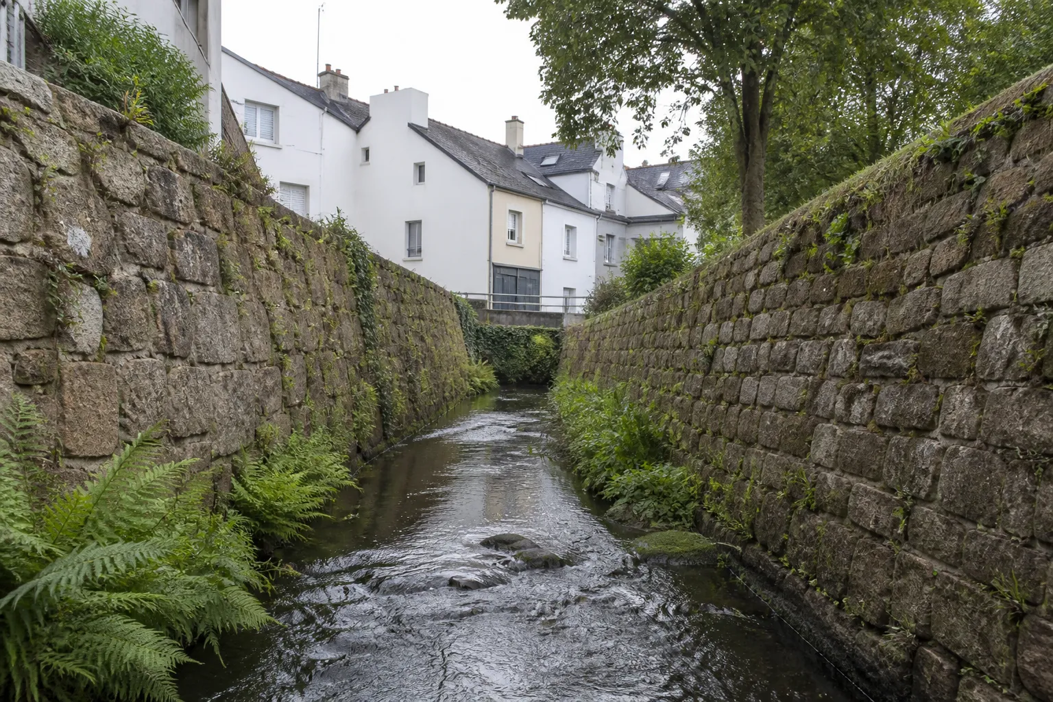 Petite rivière urbaine canalisée entre des murs de soutènement