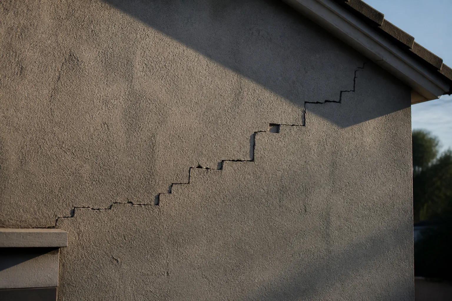 Fissure en escalier sur un mur de pignon en maçonnerie